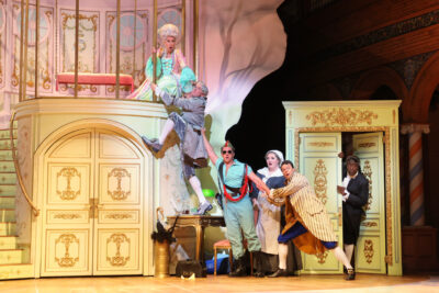 Rosina in The Barber of Seville at Santa Fe Opera with R-L: Kevin Burdette, Jack Swanson, Murrella Parton, Joshua Hopkins, and Nicolas Newton (Photo: Curtis Brown)